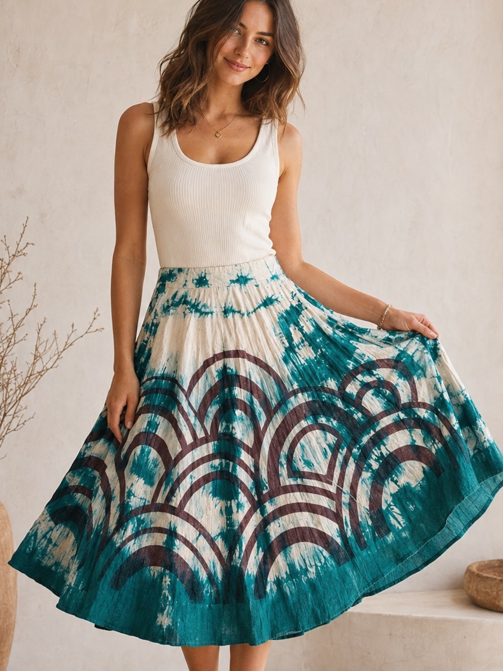 Green Habit Boho Full A Line Cotton Green Oatmeal Art to Wear Midi Skirt US 6